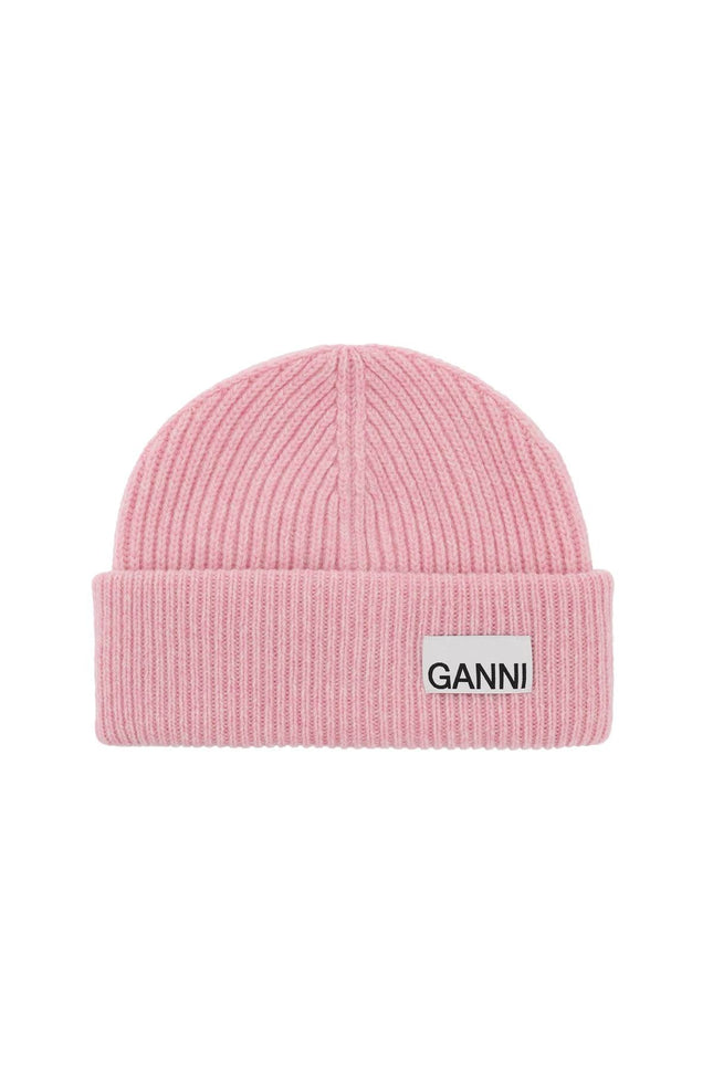 Ganni beanie hat with logo label-women > accessories > hats and hair accessories > hats-Ganni-os-Pink-Urbanheer