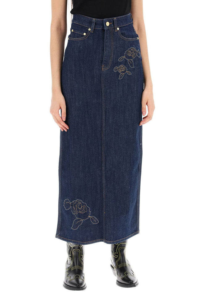 Ganni Maxi Denim Skirt With Pink Embroidery-women > clothing > skirts > maxi-Ganni-Urbanheer