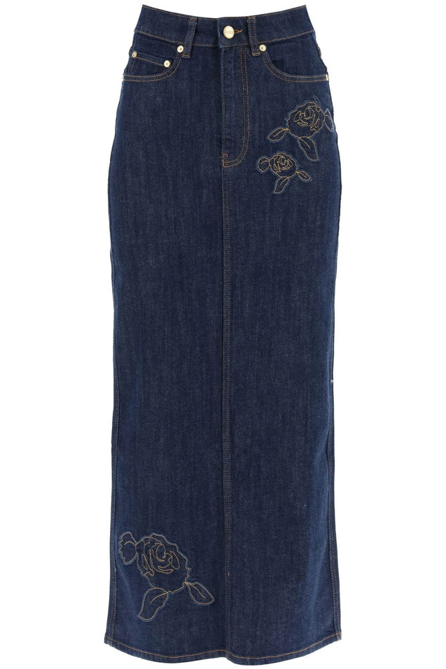 Ganni Maxi Denim Skirt With Pink Embroidery-women > clothing > skirts > maxi-Ganni-Urbanheer