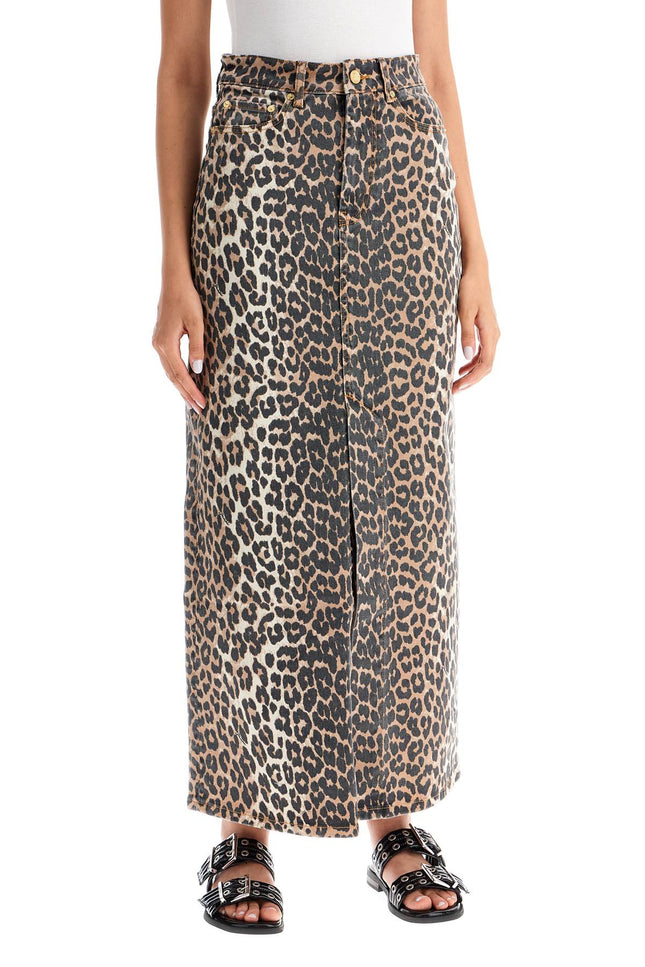 Ganni long animal print denim skirt