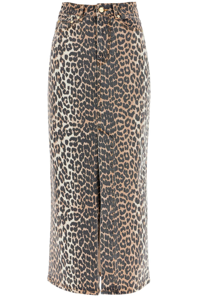 Ganni long animal print denim skirt