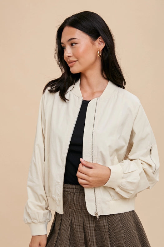 Garment Washed Bomber Jacket  CREME