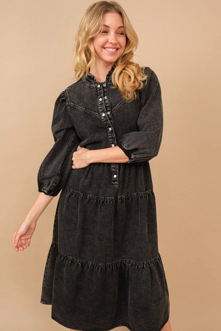 Garment Washed Chevron Yoke Midi Denim Dress Charcoal