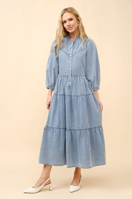 Garment Washed Chevron Yoke Midi Denim Dress Light Wash