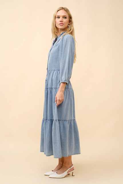 Garment Washed Chevron Yoke Midi Denim Dress Light Wash