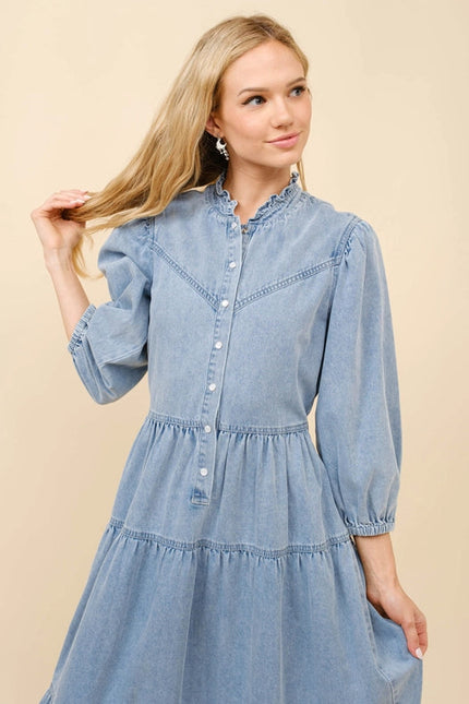 Garment Washed Chevron Yoke Midi Denim Dress Light Wash