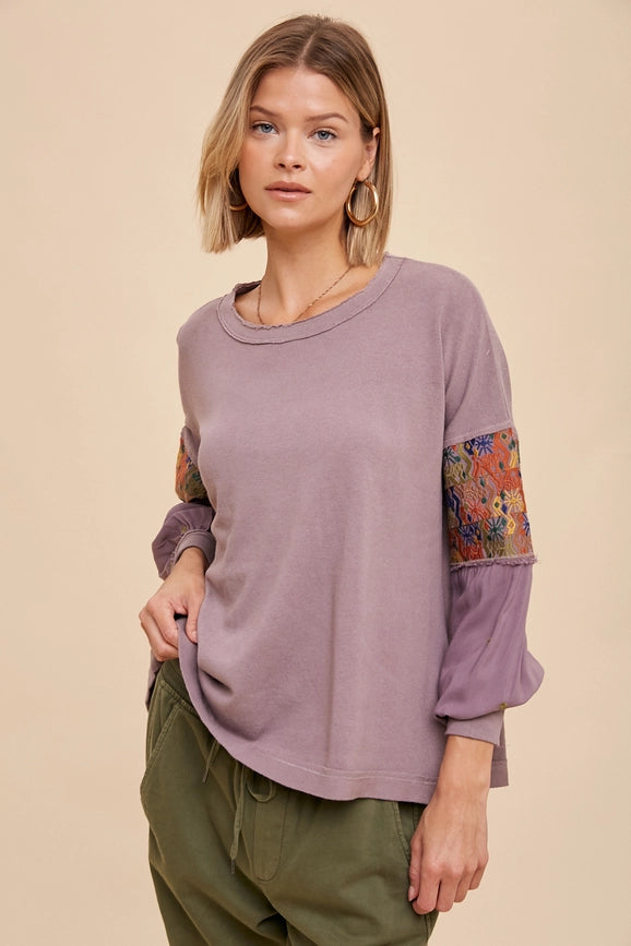 Garment Washed Embroidered Sleeve Long Sleeve Tee ASH TAUPE