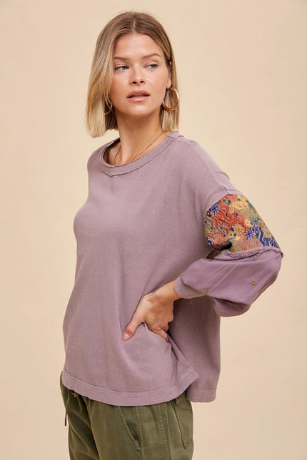 Garment Washed Embroidered Sleeve Long Sleeve Tee ASH TAUPE