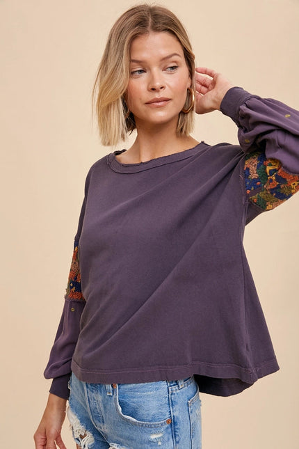 Garment Washed Embroidered Sleeve Long Sleeve Tee CHARCOAL