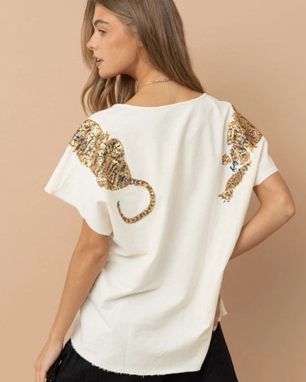 Garment Washed V Neck Tiger Sequin Patch T Shirt White