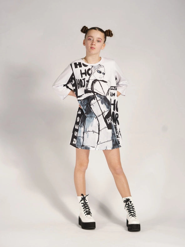 Girls Long Line Sketch Tshirt Dress