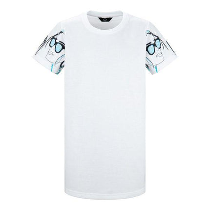 Girls White Regular Fit T-Shirt Dress with Blue Faceprint Arm Detail