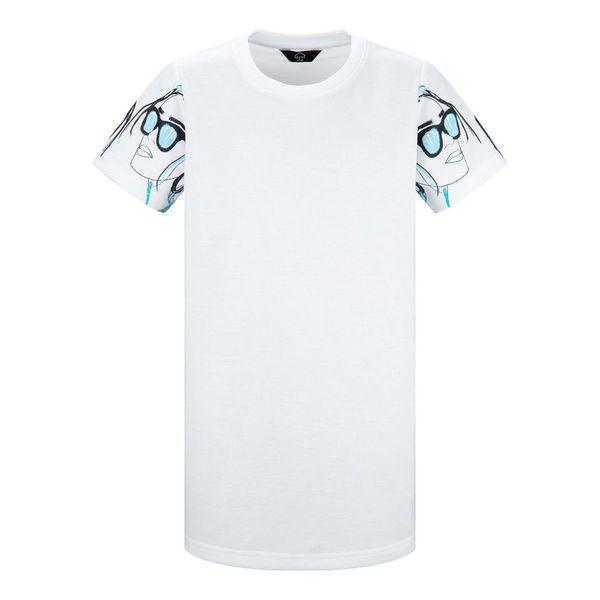 Girls White Regular Fit T-Shirt Dress with Blue Faceprint Arm Detail