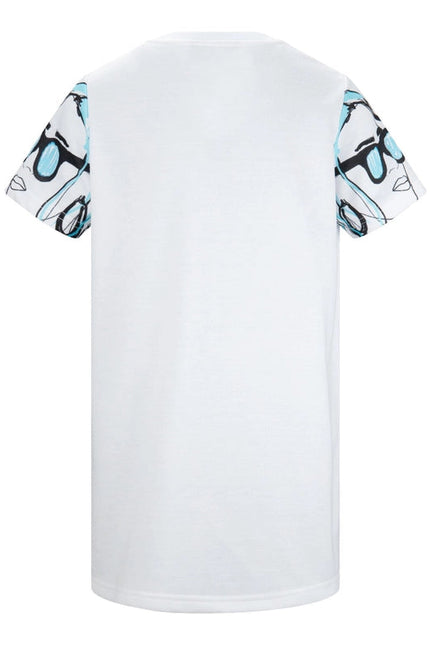 Girls White Regular Fit T-Shirt Dress with Blue Faceprint Arm Detail