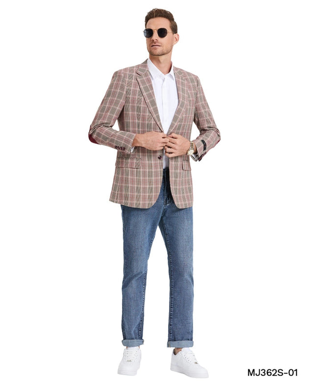 Glen Plaid Sports Coat w/ Elbow Patch, Burgundy Jacket