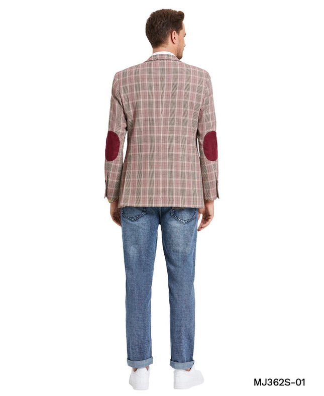 Glen Plaid Sports Coat w/ Elbow Patch, Burgundy Jacket