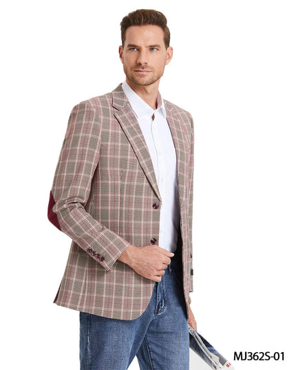 Glen Plaid Sports Coat w/ Elbow Patch, Burgundy Jacket