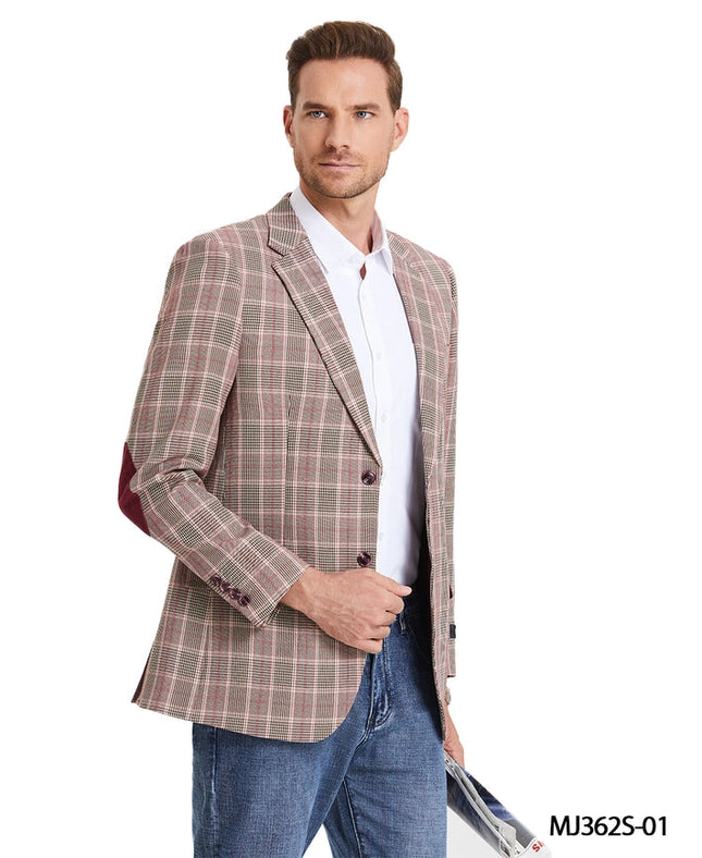 Glen Plaid Sports Coat w/ Elbow Patch, Burgundy Jacket