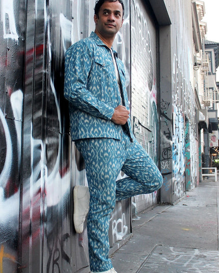 Glitchet - Sky Blue Slim Fit Handwoven Ikat Pants-Pants-Pali-Urbanheer