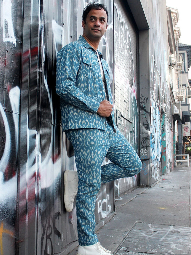 Glitchet - Sky Blue Slim Fit Handwoven Ikat Pants-Pants-Pali-Urbanheer