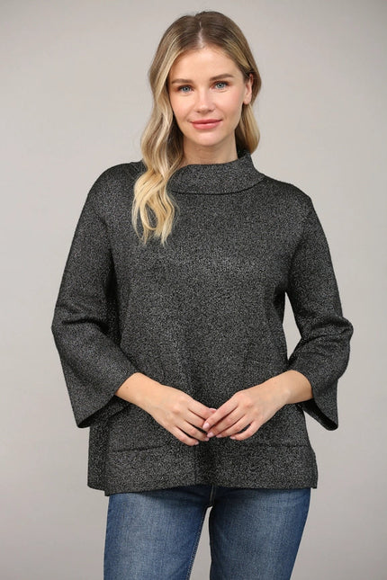 Glitter Yarn Front Pocket Detail Mock Neck Sweater Black