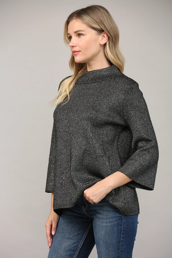 Glitter Yarn Front Pocket Detail Mock Neck Sweater Black