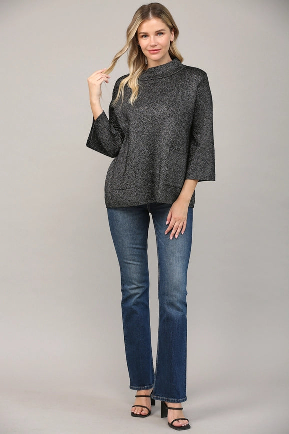 Glitter Yarn Front Pocket Detail Mock Neck Sweater Black