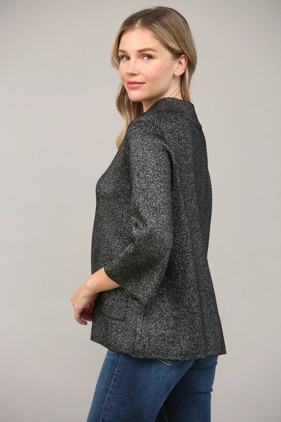 Glitter Yarn Front Pocket Detail Mock Neck Sweater Black