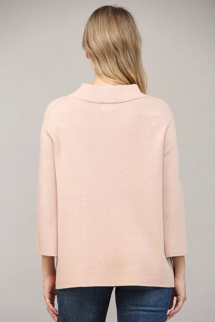 Glitter Yarn Front Pocket Detail Mock Neck Sweater  Rose Gold