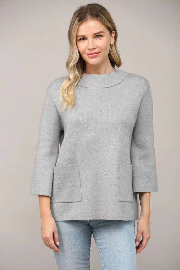 Glitter Yarn Front Pocket Detail Mock Neck Sweater Silver