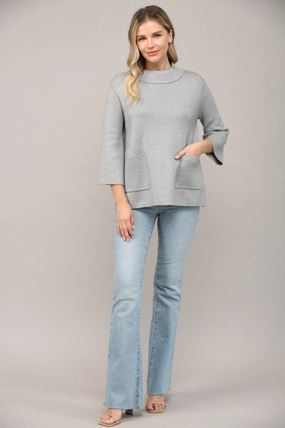 Glitter Yarn Front Pocket Detail Mock Neck Sweater Silver