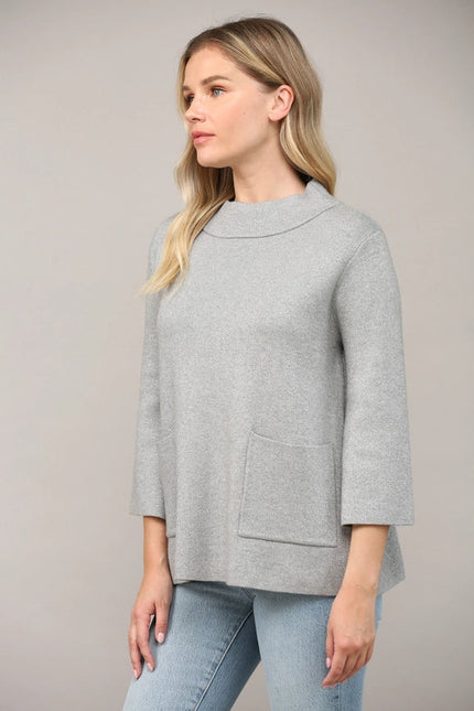 Glitter Yarn Front Pocket Detail Mock Neck Sweater Silver