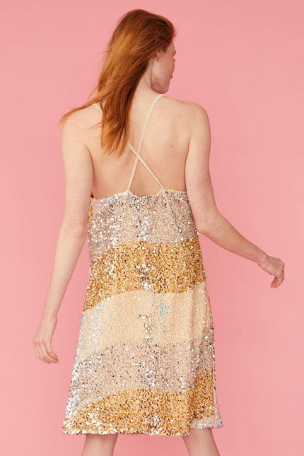 Gold Champagne and White Sequin Velvet Slip Dress-4