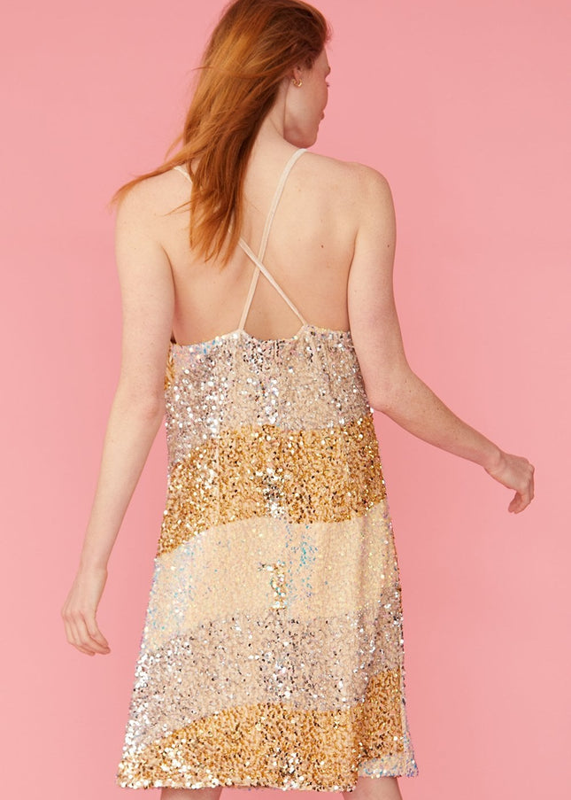 Gold Champagne and White Sequin Velvet Slip Dress-4