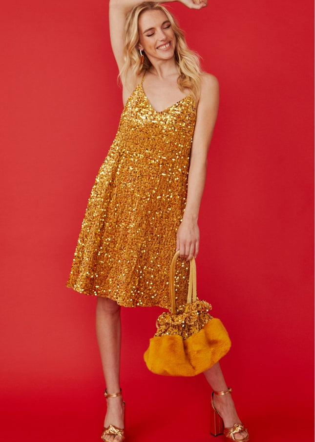 Gold Sequin Cami Swing Dress-2