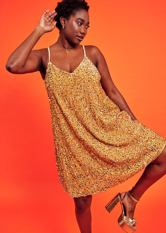 Gold Sequin Curve Size Cami Swing Dress-2