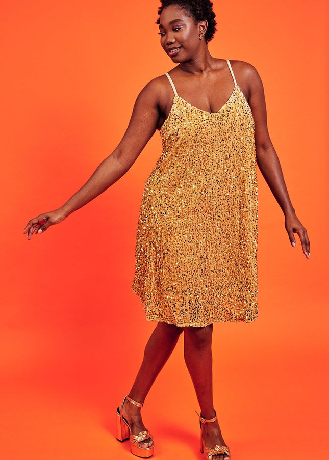 Gold Sequin Curve Size Cami Swing Dress-0