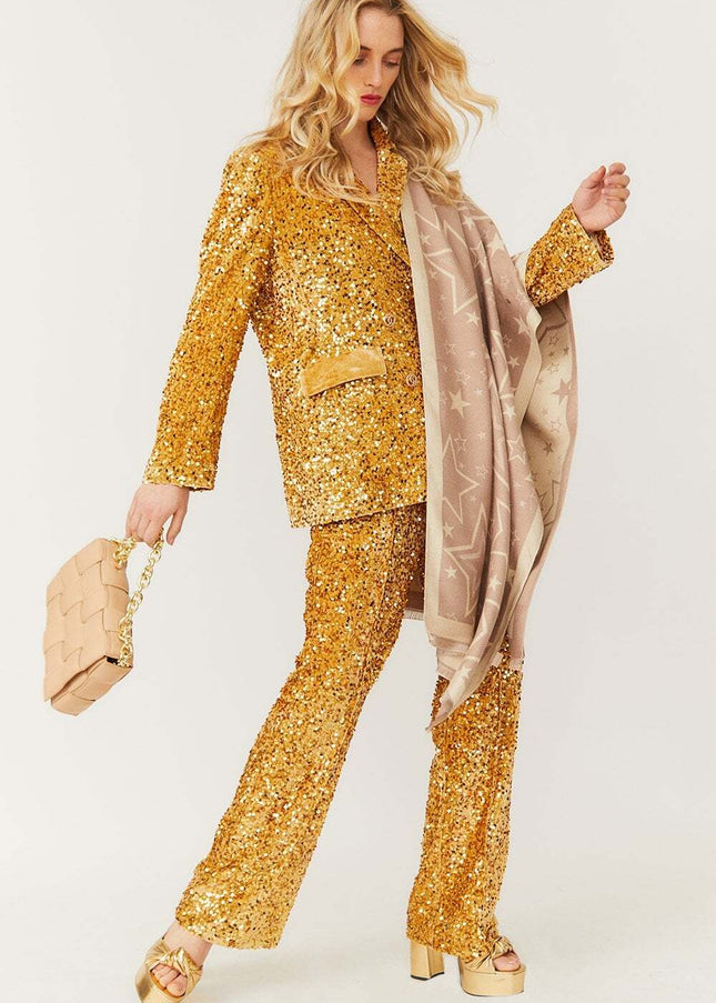 Gold Sequin Flared Trousers-0