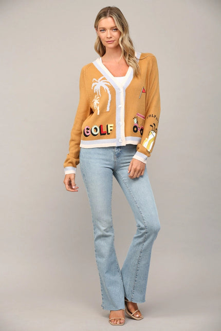 Golf Embroidered Patch Cardigan CAMEL MULTI