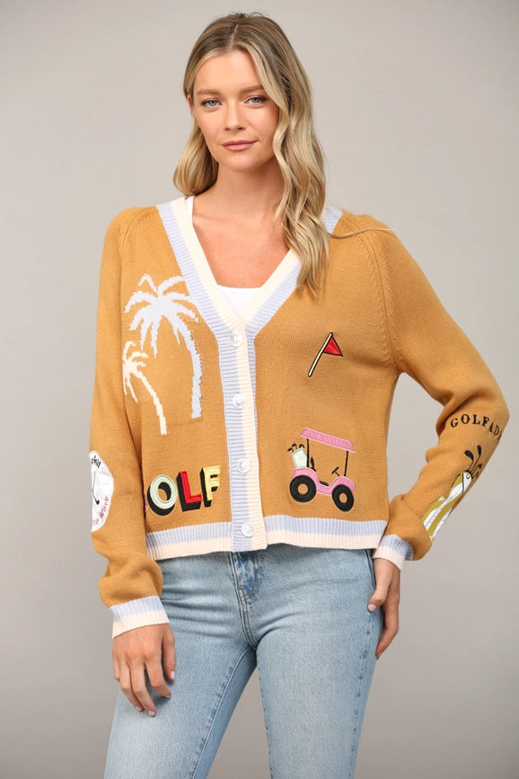 Golf Embroidered Patch Cardigan CAMEL MULTI