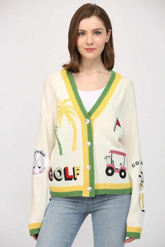 Golf Embroidered Patch Cardigan CREAM MULTI