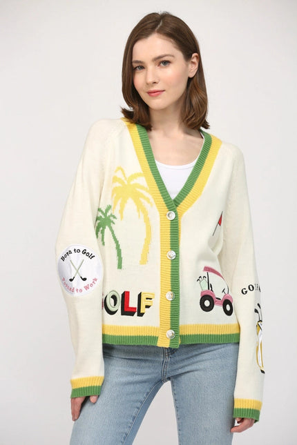 Golf Embroidered Patch Cardigan CREAM MULTI