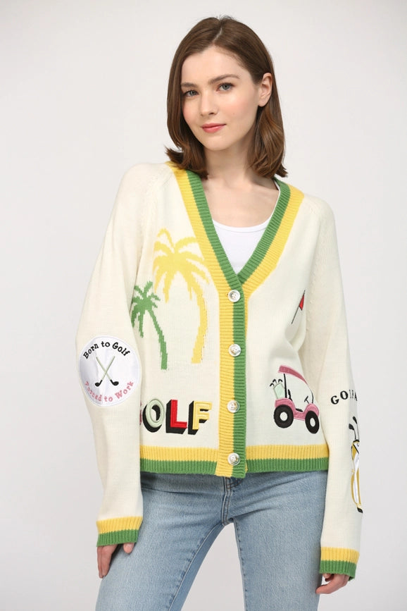 Golf Embroidered Patch Cardigan CREAM MULTI