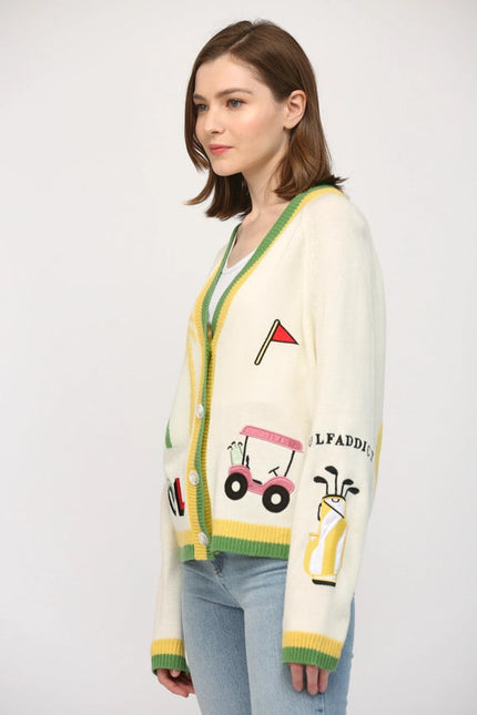 Golf Embroidered Patch Cardigan CREAM MULTI