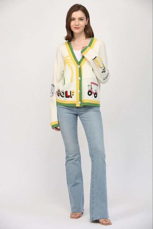 Golf Embroidered Patch Cardigan CREAM MULTI