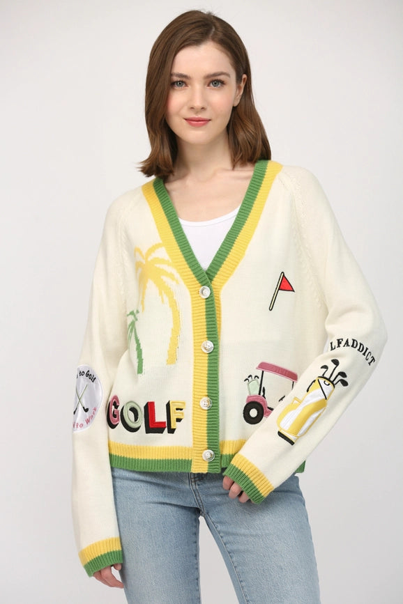 Golf Embroidered Patch Cardigan CREAM MULTI