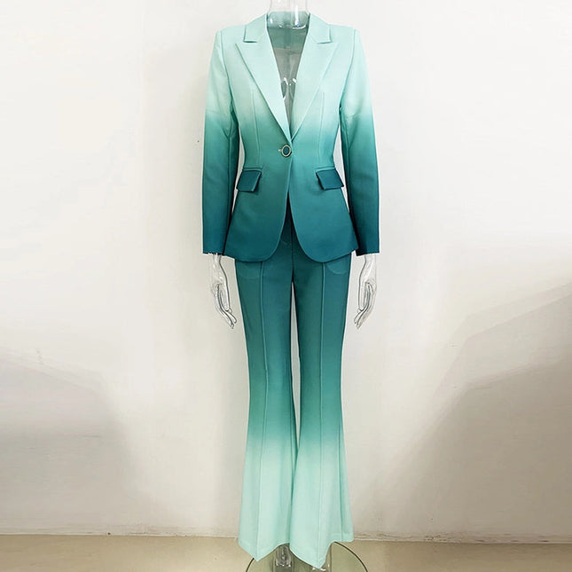 Gradient Color Blazer and Flared Pants Two-Piece Suit