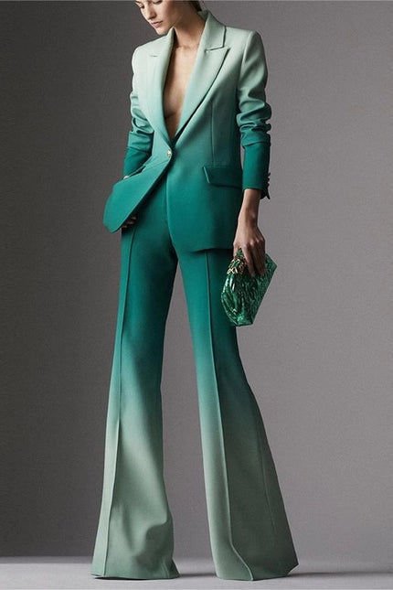 Gradient Color Blazer and Flared Pants Two-Piece Suit