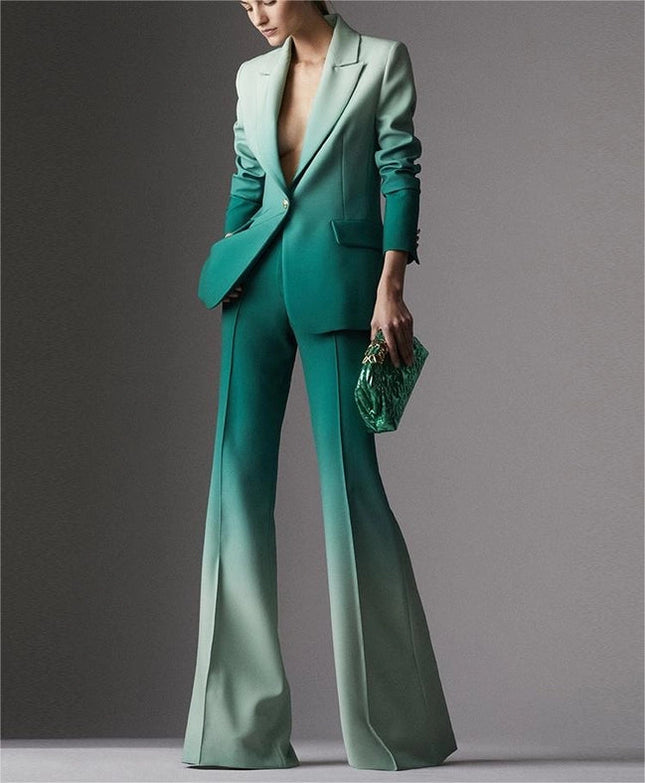 Gradient Color Blazer and Flared Pants Two-Piece Suit