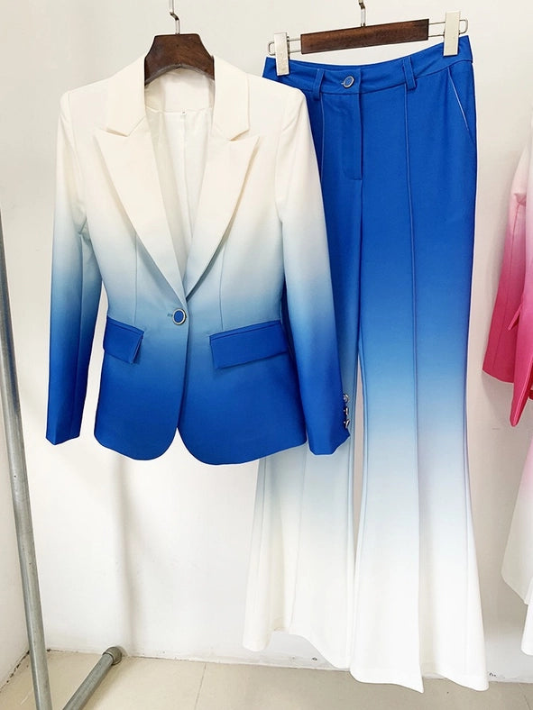 Gradient Color Blazer and Flared Pants Two-Piece Suit